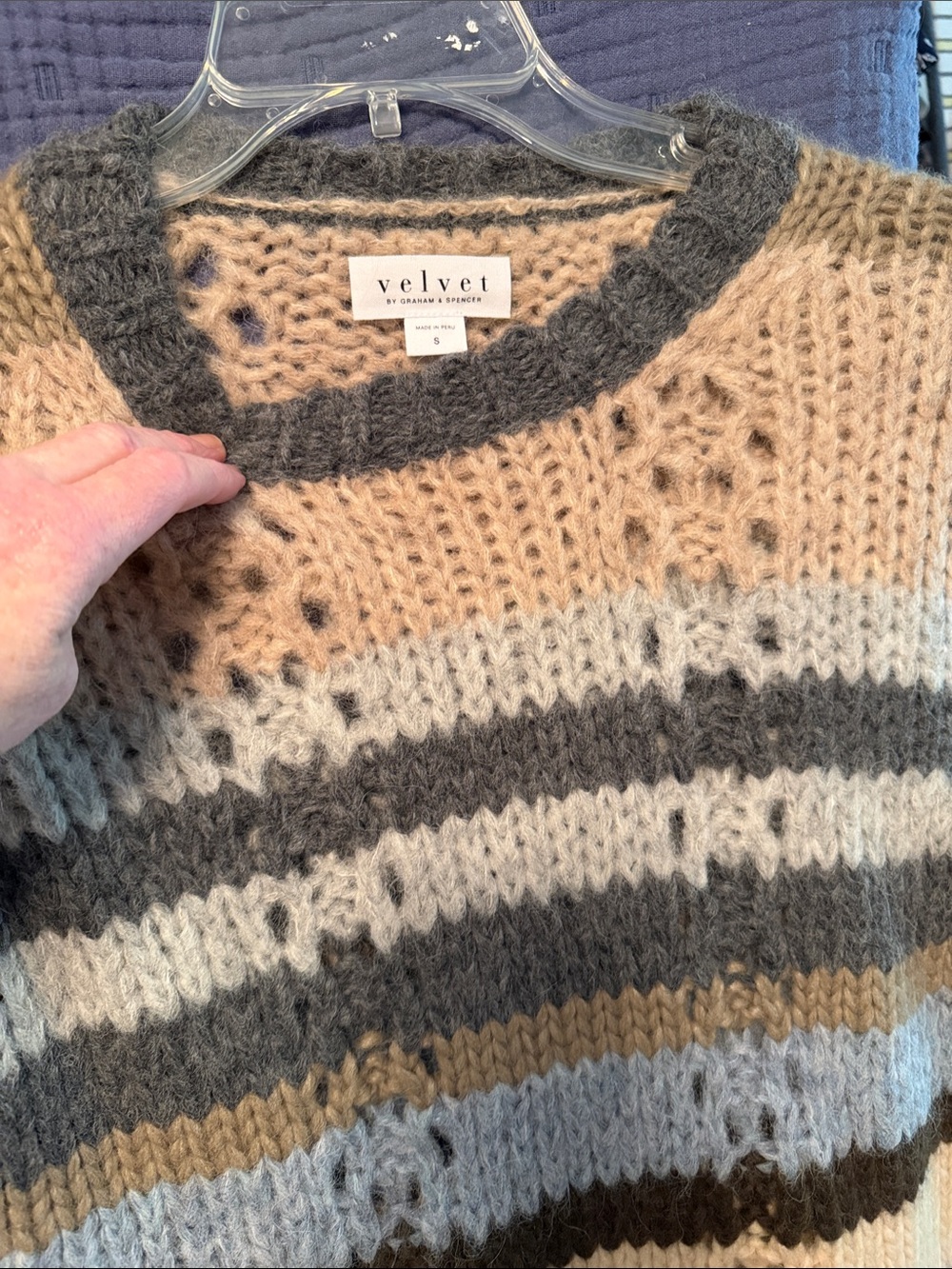 Velvet by Graham & Spencer Striped Bouclé Crewneck Sweater - Cream, Gray & Tan